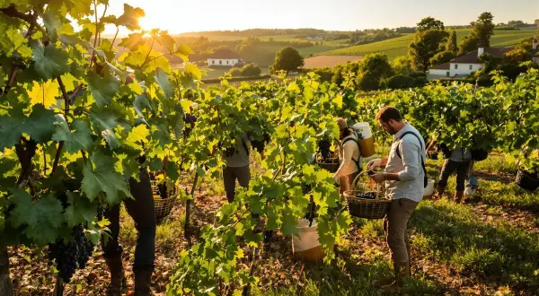 Travailleurs récoltant des grappes de raisin dans un vignoble ensoleillé. Les vendanges en Bourgogne battent leur plein, promesse d'un grand cru.
