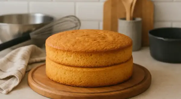 Deux disques de génoise dorée, prêts pour une recette de layer cake. Ustensiles de pâtisserie en arrière-plan.