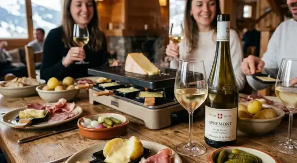 Ambiance chaleureuse autour d'une raclette fumante, accompagnée de pommes de terre, charcuterie et d'un verre de vin blanc, peut-être un Pouilly-Fumé pour sublimer ce moment gourmand.