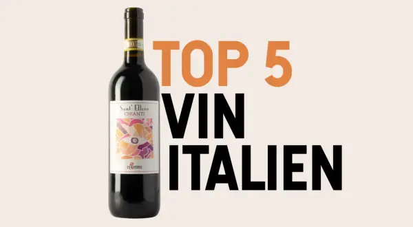 Bouteille de vin rouge italien avec l'étiquette "Sant'Ellero Chianti". Texte "TOP 5 VIN ITALIEN" suggérant une signification IGT.