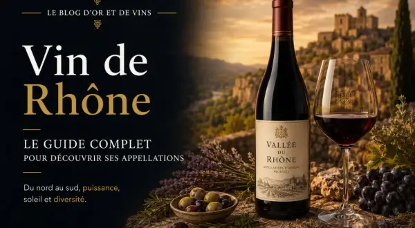 Bouteille et verre de vin rouge, avec une étiquette "Vallée du Rhône", sur fond de paysage de village provençal. Un guide complet pour découvrir les appellations Côtes du Rhône.