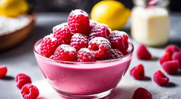 Un délicieux curd framboise, saupoudré de sucre glace, avec des framboises fraîches et un citron en arrière-plan.