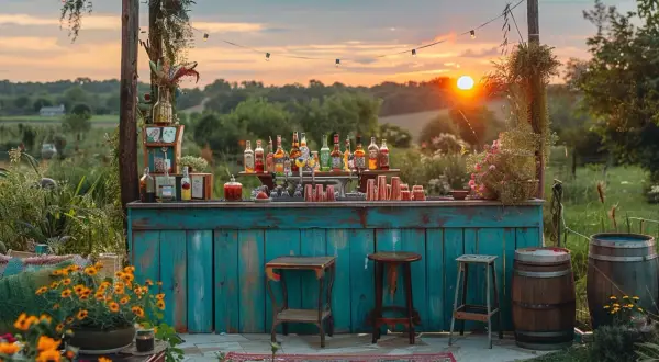 Bar de mariage rustique avec vue sur le coucher de soleil, bouteilles d'alcool et verres prêts pour les invités.