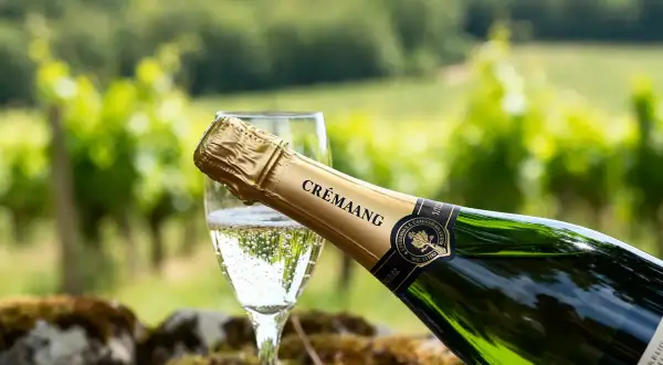 Une bouteille de Crémant d'Alsace versée dans un verre, avec des vignes en arrière-plan. Le meilleur crémant pour célébrer l'été.