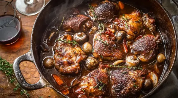 Un plat mijoté de coq au vin, avec des morceaux de poulet brunis, des champignons et des carottes dans une sauce riche. Le vin rouge parfait pour un coq au vin est ici !