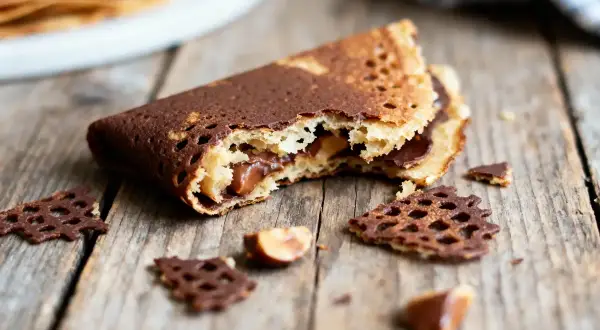 Un délicieux gâteau crêpe dentelle au chocolat, garni de noisettes, sur fond de bois rustique.