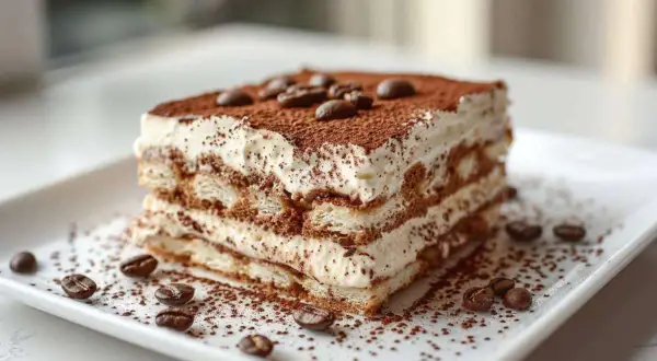 Un délicieux tiramisu boudoir, parsemé de cacao et de grains de café, sur une assiette blanche.