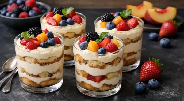 Quatre verrines de tiramisu aux fruits rouges et pêches, un délicieux dessert de saison.