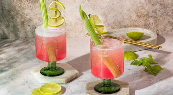 Deux Sarti Spritz pétillants, garniture de céleri et rondelles de citron vert.