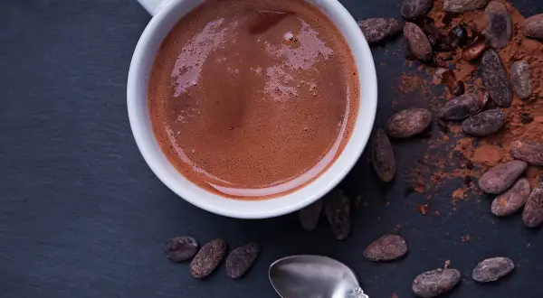 Chocolat chaud maison recette : une tasse fumante de chocolat chaud, entourée de fèves de cacao et de poudre de cacao. Une cuillère argentée repose à côté.