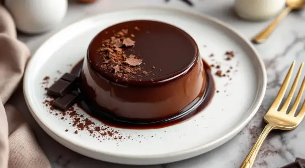 Un délicieux flan au chocolat, nappé de sauce et parsemé de copeaux de chocolat, prêt à être dégusté.