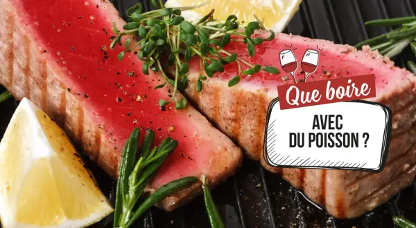 Deux beaux steaks de thon grillés, ornés de pousses fraîches et de quartiers de citron, posés sur un grill. Une question se pose : quel vin rouge pour accompagner ce poisson ?