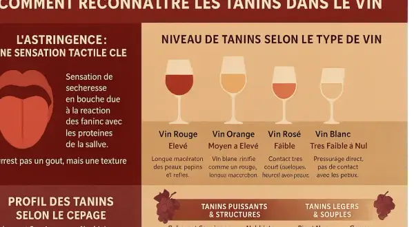 Infographie expliquant comment reconnaître les tanins dans le vin, leur niveau selon le type de vin et leur profil selon le cépage. Le tanin est une sensation tactile clé.