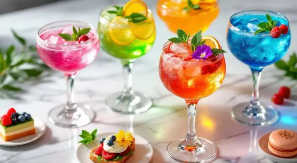 Cinq cocktails estivaux colorés, garniture de fruits et menthe, sur une table marbrée. Un délice pour les yeux et les papilles.