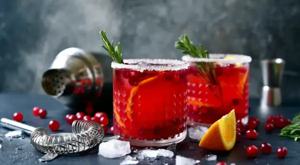 Deux verres de cocktail festif rouge vif, garni d'orange et de romarin, sur un fond sombre avec un shaker.