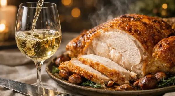 Un verre de vin blanc est versé près d'un chapon farci rôti, fumant et garni de marrons. Un repas festif.