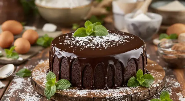 Un délicieux gâteau au chocolat, nappé de glaçage brillant et décoré de menthe fraîche. Des ingrédients de pâtisserie sont disposés autour.