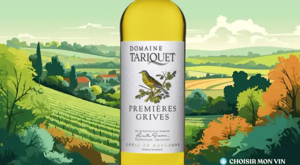 Bouteille de vin blanc "Domaine Tariquet Premières Grives" sur fond de paysage champêtre. Un vin qui pourrait bien être le meilleur vin du monde.