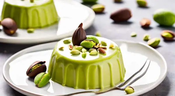 Délicieux dessert vert vif, une ganache pistache onctueuse, garnie de pistaches croquantes et d'une touche de chocolat.