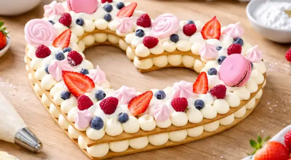 Un magnifique number cake en forme de cœur, décoré de fruits rouges, macarons roses et meringues. Un vrai délice pour les yeux et les papilles !