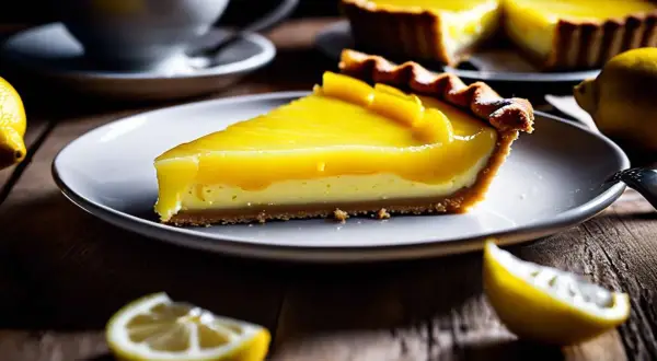 Une part de tarte citron, crémeuse et brillante, sur une assiette blanche. Des citrons frais et une tasse de café complètent ce tableau gourmand.