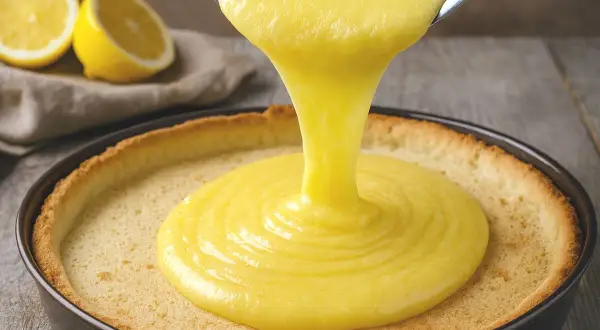Une ganache citron onctueuse est versée dans une tartelette dorée. Des citrons frais sont visibles en arrière-plan.