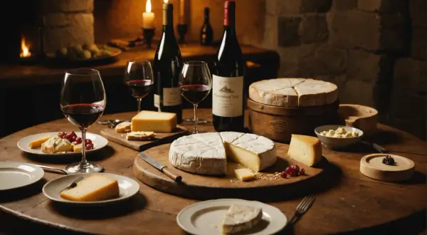 Un festin de fromages variés, dont un Mont d'Or crémeux, accompagné de vin rouge et de raisins, dans une ambiance chaleureuse.