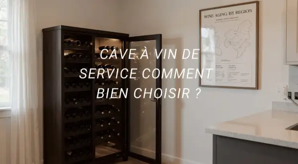 Une cave à vin moderne remplie de bouteilles, idéale pour le vin de garde. Une carte des régions de vieillissement du vin est accrochée au mur.