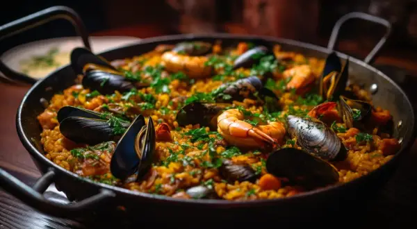 Paella aux fruits de mer, un plat savoureux. Quel vin avec une paella ? Un blanc sec ou un rosé léger serait parfait.