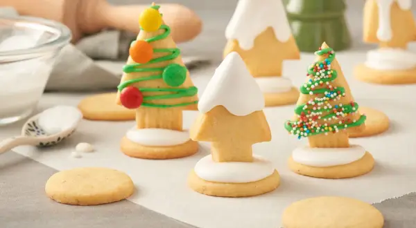 Biscuits en forme de sapins décorés de glaçage vert, vermicelles colorés et bonbons. Une recette festive à partager.