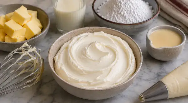 Préparation d'une délicieuse crème au beurre. Des ingrédients comme du beurre coupé en dés, du sucre glace, du lait et une poche à douille sont disposés sur un plan de travail.