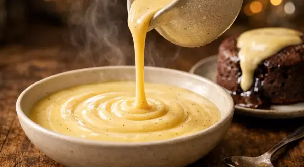 Un filet de crème anglaise traditionnelle, onctueuse et fumante, est versé dans un bol. Un gâteau au chocolat dégouline de cette sauce réconfortante.