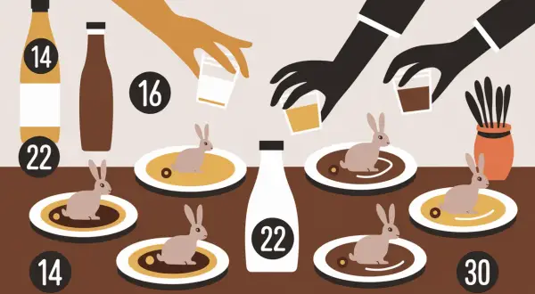 Des lapins sur des assiettes, des bouteilles et des mains versent des liquides. Quel vin avec du lapin ? Les chiffres suggèrent des choix.