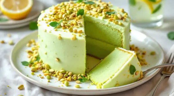 Gâteau vert vif, garni de pistaches concassées. Une part est coupée, révélant les couches. Une recette avec pâte de pistache qui invite à la gourmandise.
