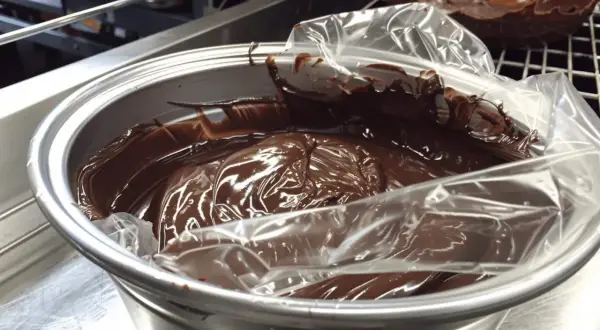 Ganache montée au chocolat dans un bol, prête pour la conservation au frigo.