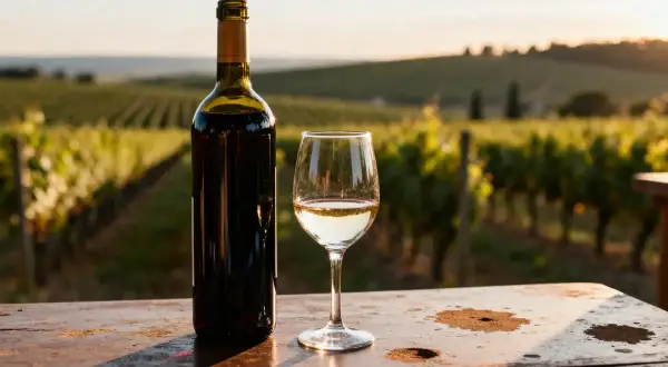 Bouteille de vin rouge et verre de vin blanc sur une table en bois, avec des vignes au coucher du soleil. Un parfait vin de terroir.