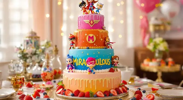 Un spectaculaire layer cake aux couleurs vives, orné de figurines de super-héros et du mot "MIRACULOUS". Un délice pour les yeux et les papilles !