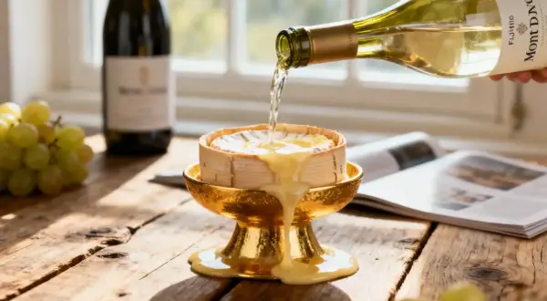 Un vin blanc pour fondue coule d'une bouteille sur un fromage fondant dans un plat doré. Des raisins verts sont à proximité.