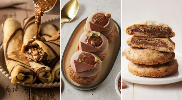 Crêpes roulées garnies de praliné maison, éclairs au chocolat et cookies aux noix. Un délice gourmand !