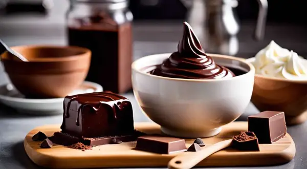 Un carré de chocolat noir glacé, une cuillère de ganache chocolat noir onctueuse et des éclats de chocolat. Une recette gourmande.