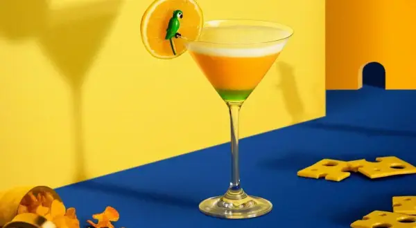 Cocktail aux couches orange et verte, garni d'une tranche d'orange avec un petit perroquet. Un exemple d'inspiration pour des noms de cocktails originaux.