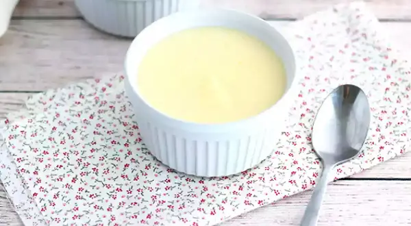 Deux ramequins de crème dessert rapide sans cuisson sur une serviette fleurie, avec une cuillère.