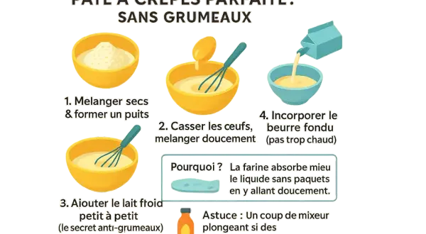 Préparation d'une pâte à crêpes parfaite sans grumeaux. Étapes : mélanger les ingrédients secs, ajouter les œufs, puis le lait froid petit à petit. Le secret anti-grumeaux !