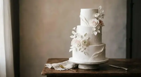 Un magnifique gâteau à trois étages, orné de roses en sucre et de feuillage délicat. Un cake design élégant pour un événement spécial.