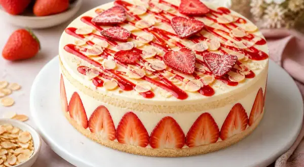 Un gâteau fraisier orné de fraises fraîches, de coulis rouge et d'amandes effilées. Une belle inspiration pour vos recettes fraisier.
