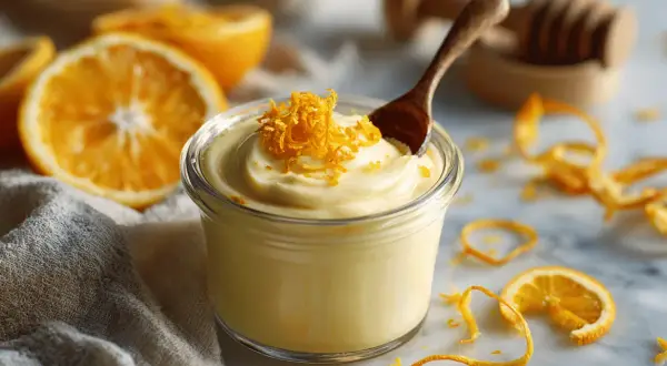 Un pot de **orange curd** crémeux, garni de zestes d'orange, avec des oranges coupées en arrière-plan.
