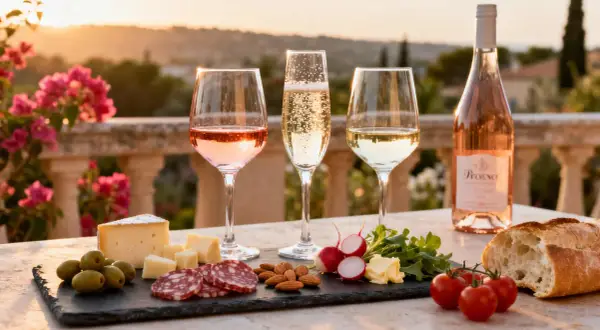 Verre de rosé, champagne et vin blanc, accompagnés d'une planche de charcuterie, fromage, olives, radis, amandes et pain. Un parfait apéritif du sud-ouest.