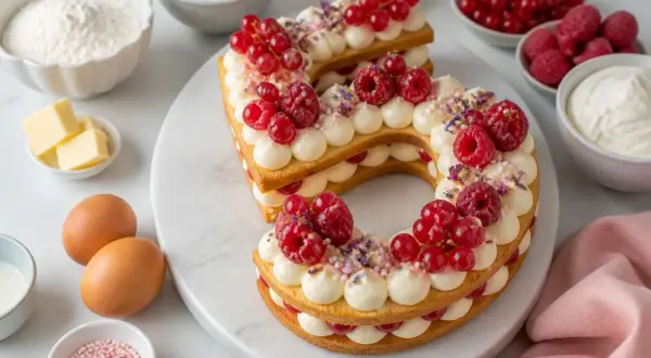 Un magnifique number cake aux fruits rouges, parfait pour une recette d'anniversaire. Crème onctueuse, biscuits dorés et baies éclatantes.