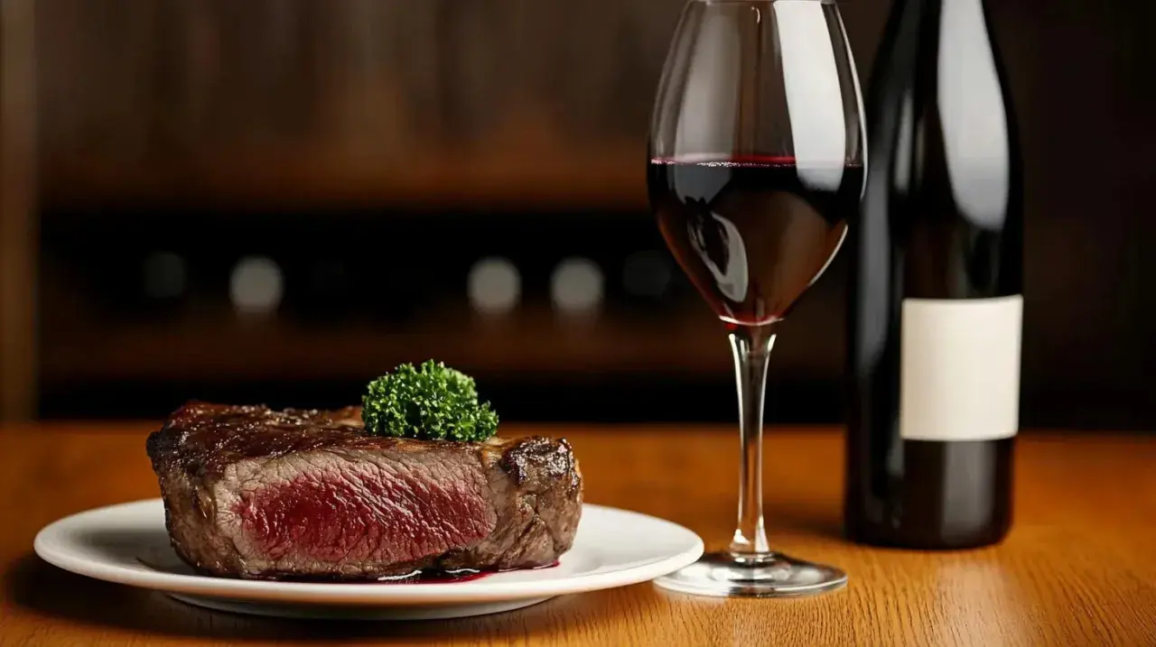 Un savoureux steak, un type de viande rouge juteuse, est servi avec un verre de vin rouge et une bouteille.