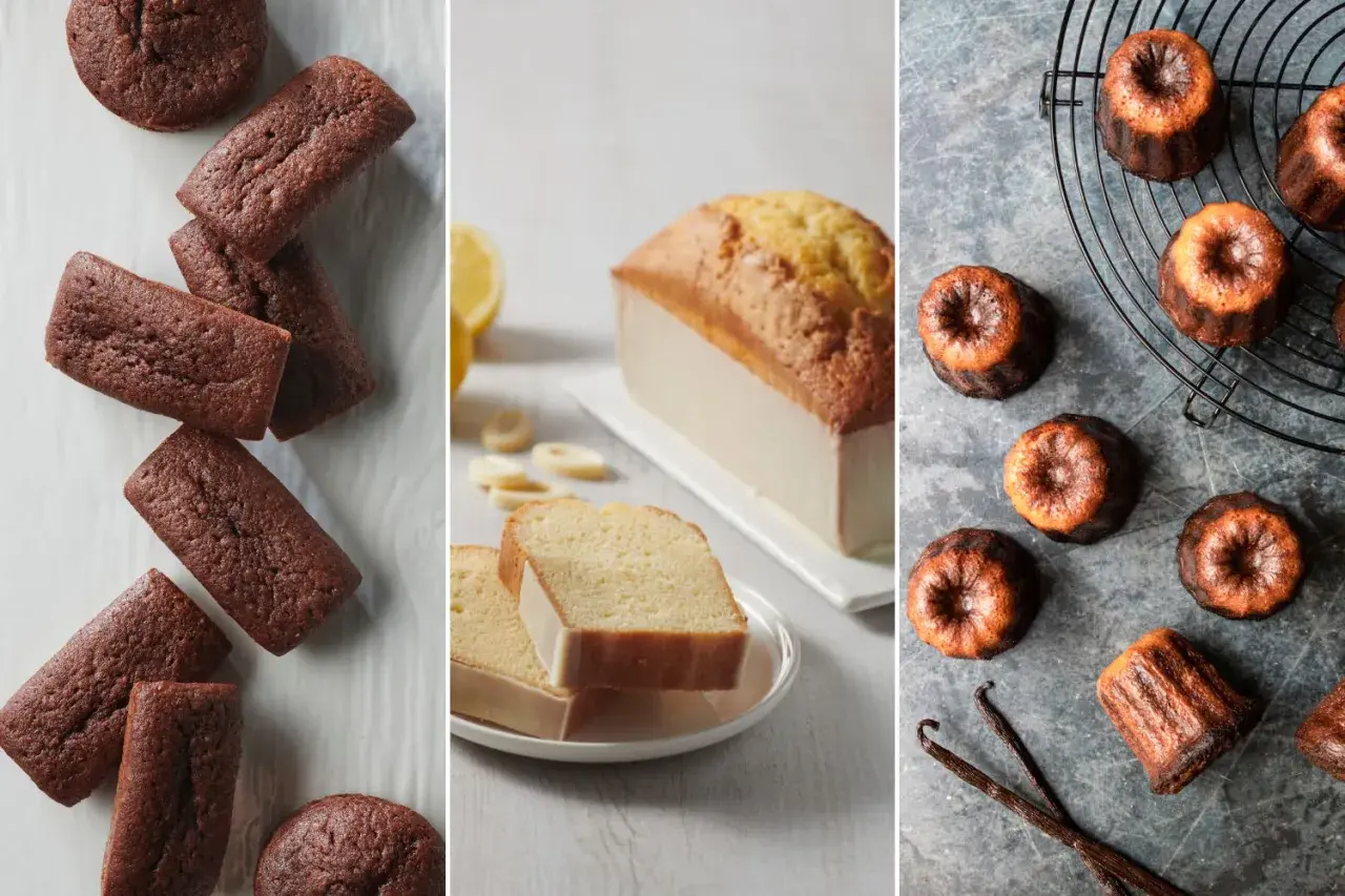 Trois types de gâteau de voyage : financiers au chocolat, cake citron et cannelés à la vanille.